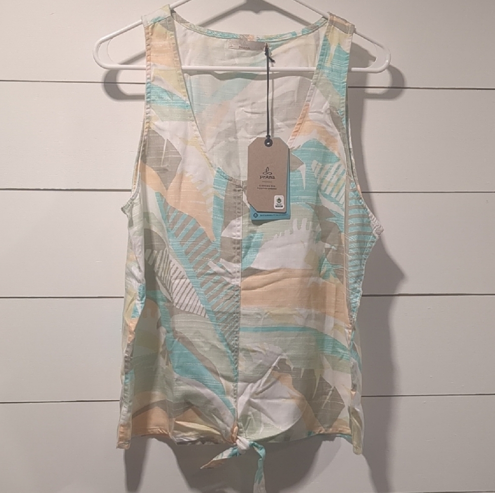 Prana Green and Tan Sleeveless Tie Front Tank Top